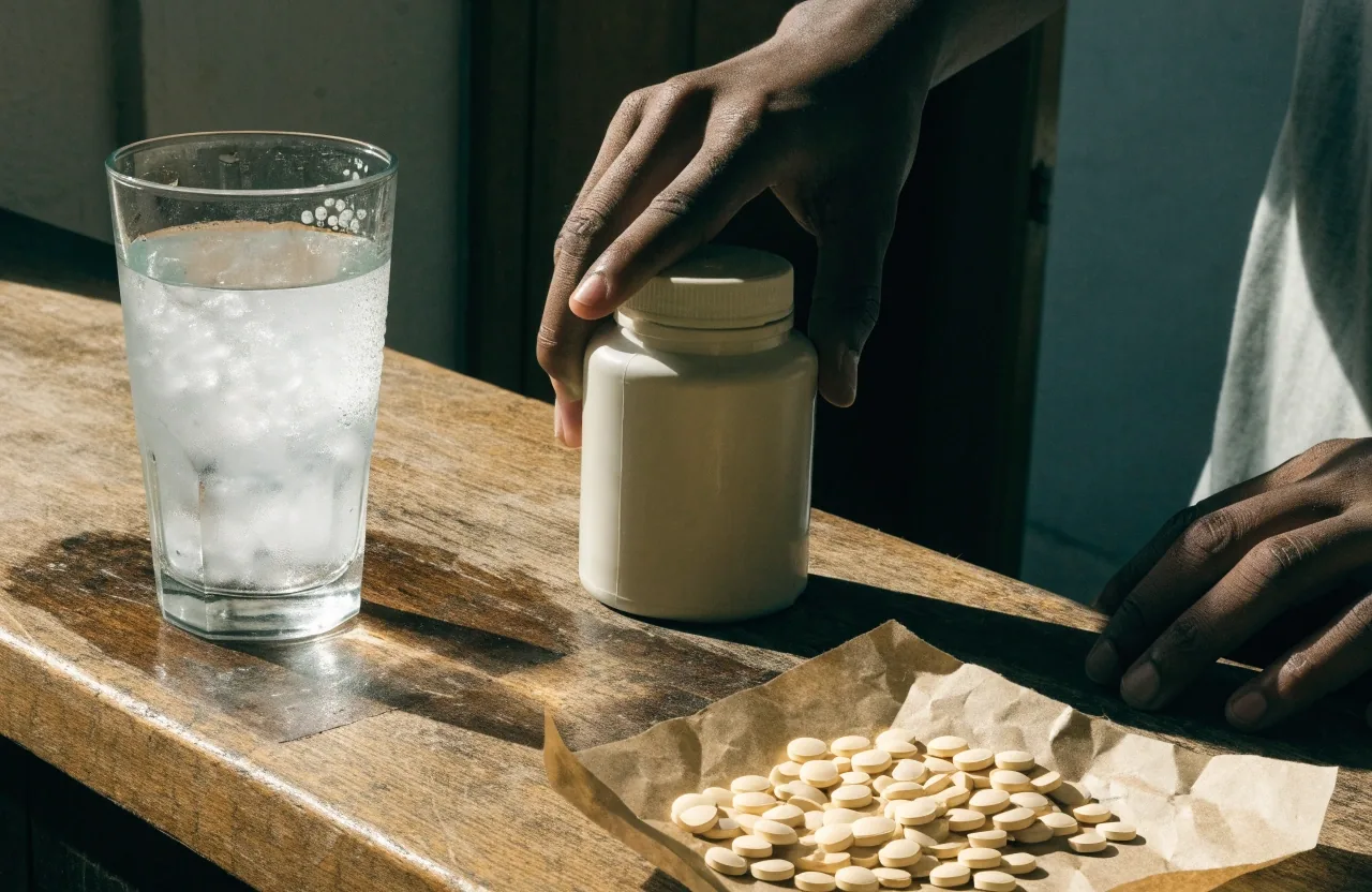 A hand setting a plain off-white dosing bottle on a Bandung kitchen counter beside a glass of water in warm morning light