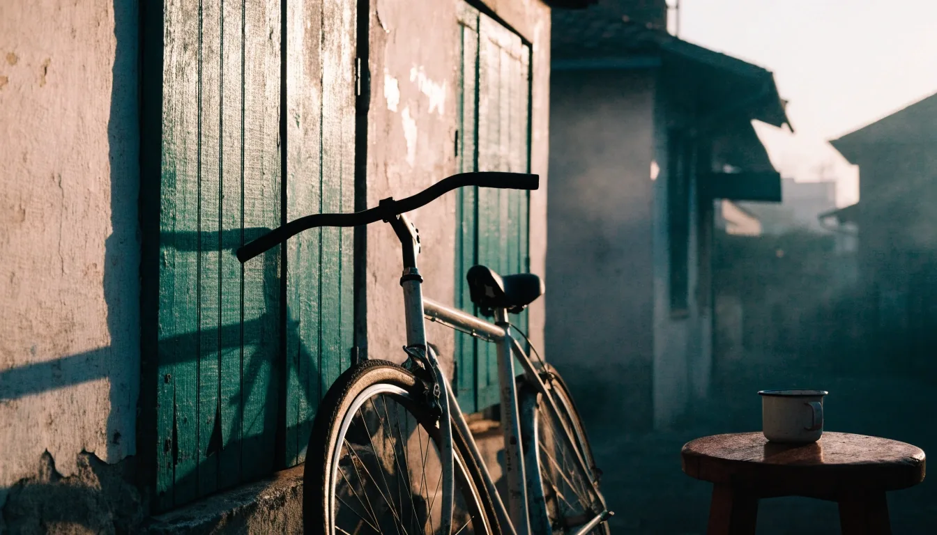 A bicycle leaning against painted shutters on a Bandung wall in early morning light