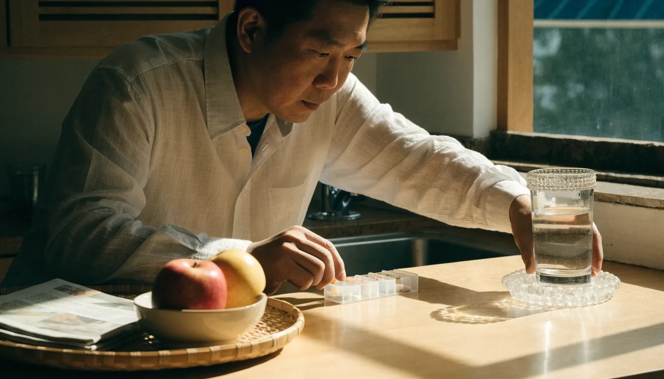 A man's forearm and open palm holding an unlabelled weekly pill organiser over a wooden kitchen table with a glass of water