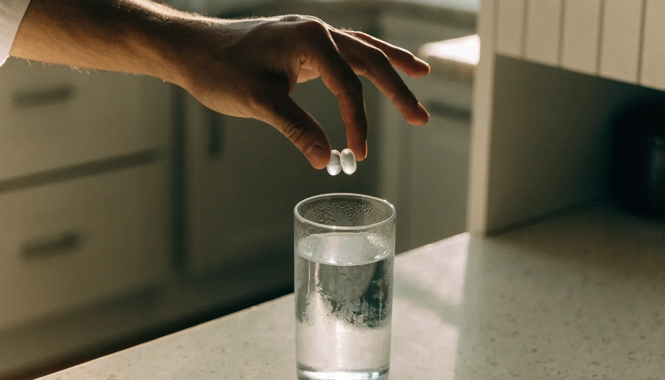 Two clear capsules beside a glass of beaded water on a pale countertop