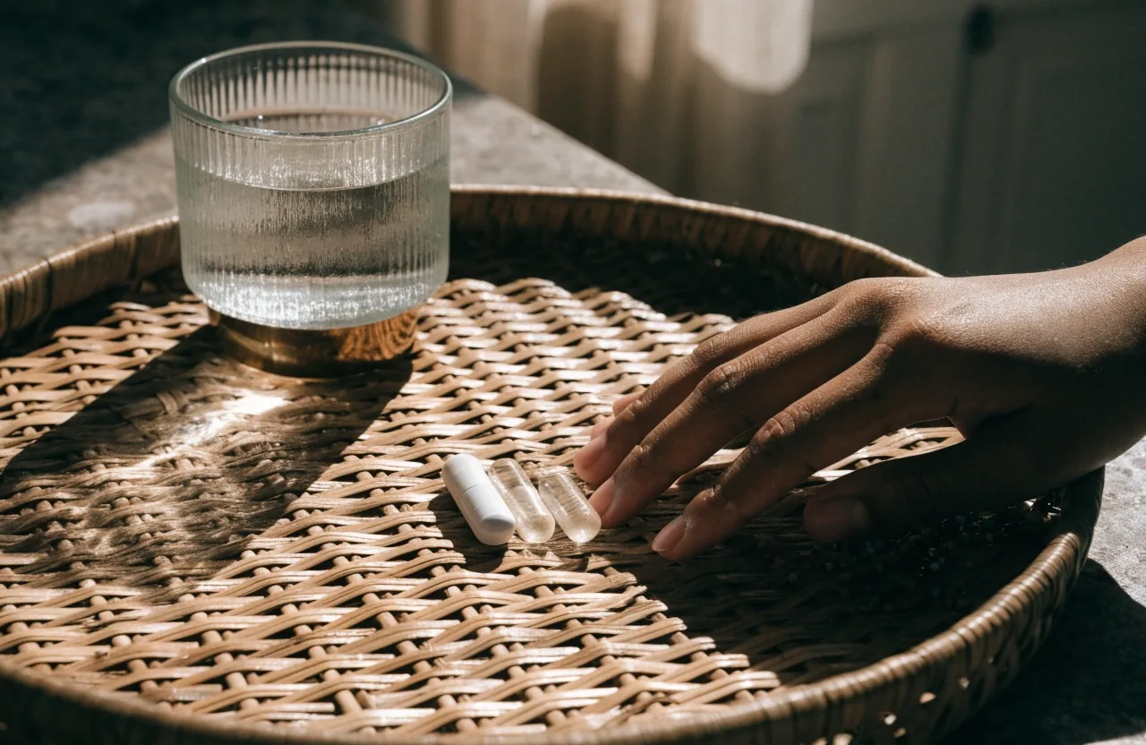 An unlabeled tablet and two empty capsules set in a straight row on a warm stone slab