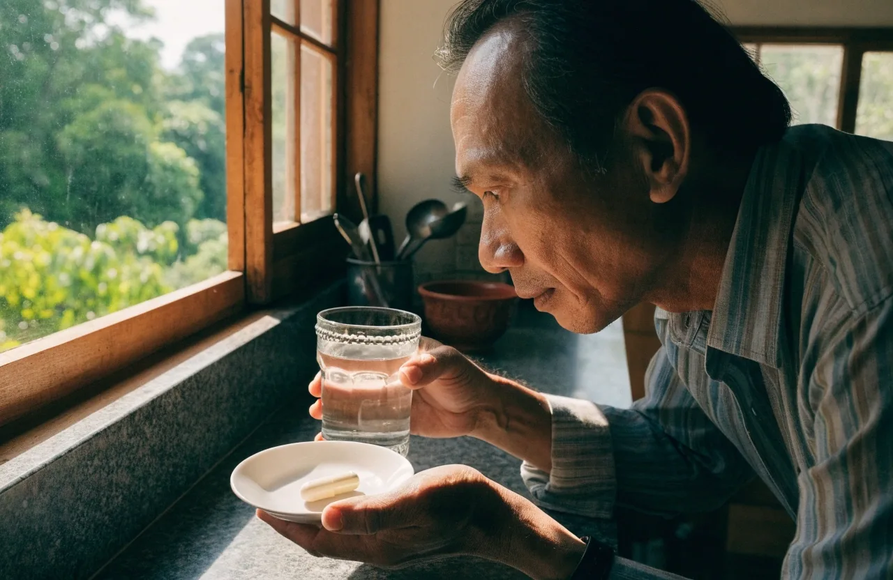A young man's hand placing a dosing bottle and glass of water beside unbranded tablets on a Bandung kitchen counter in morning light